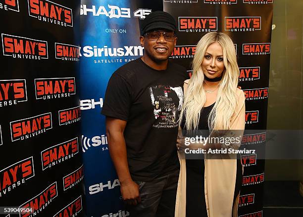Singer and TV personality Aubrey O'Day visits 'Sway In The Morning' on Eminem's Shade 45 channel with Sway Calloway at the SiriusXM Studios on June...