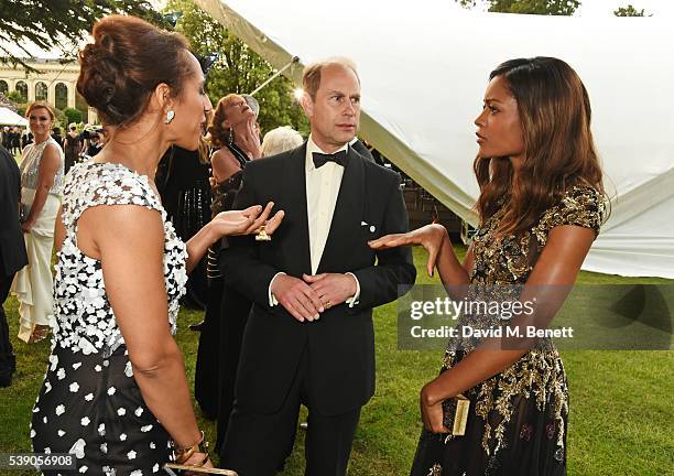 Afua Hirsch, Prince Edward, Earl of Wessex, and Naomie Harris attends the Duke of Edinburgh Award 60th Anniversary Diamonds are Forever Gala at Stoke...