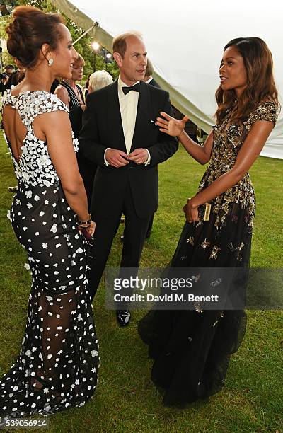 Afua Hirsch, Prince Edward, Earl of Wessex, and Naomie Harris attends the Duke of Edinburgh Award 60th Anniversary Diamonds are Forever Gala at Stoke...