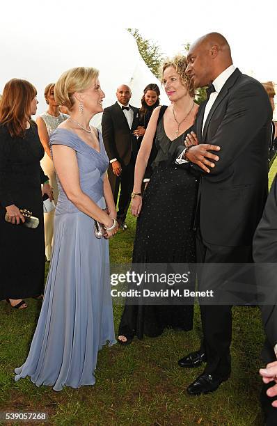 Sophie, Countess of Wessex, Fiona Hawthorne and Colin Salmon attend the Duke of Edinburgh Award 60th Anniversary Diamonds are Forever Gala at Stoke...