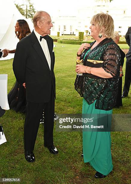 Prince Philip, Duke of Edinburgh, and Jenny Hanley attend the Duke of Edinburgh Award 60th Anniversary Diamonds are Forever Gala at Stoke Park on...