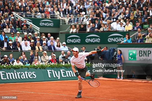 Andy Murray of Great Britain serves during the Men's Singles final match against Novak Djokovic of Serbia on day fifteen of the 2016 French Open at...