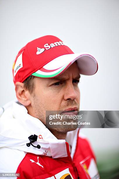 Sebastian Vettel of Germany and Ferrari in the Paddock during previews to the Canadian Formula One Grand Prix at Circuit Gilles Villeneuve on June 9,...