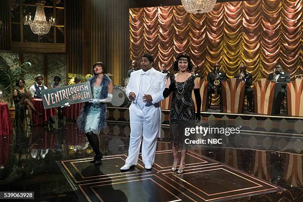 Episode 102" -- Pictured: Kenan Thompson as Manny Malodor, Maya Rudolph as Miranda Mallomar during "The Cocoa Club" sketch on June 7, 2016 --