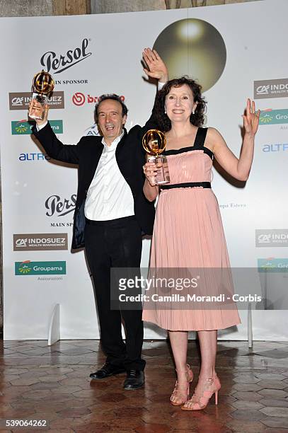 Roberto Benigni and Nicoletta Braschi attend the Globi D'Oro 2016 Awards Ceremony on June 9, 2016 in Rome, Italy.