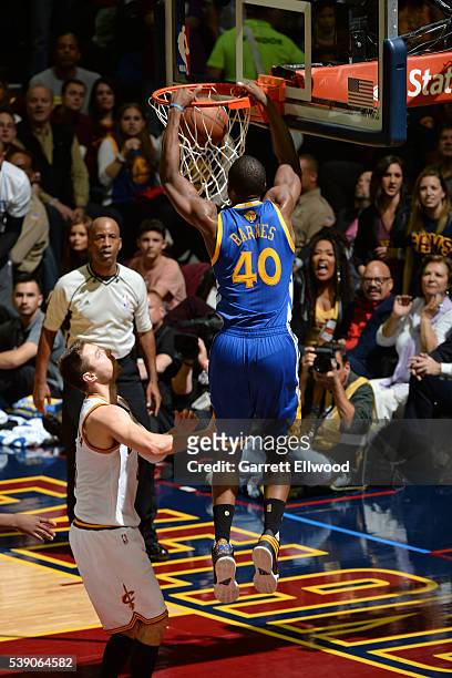 Harrison Barnes of the Golden State Warriors dunks the ball against the Cleveland Cavaliers during the 2016 NBA Finals Game Three on June 8, 2016 at...