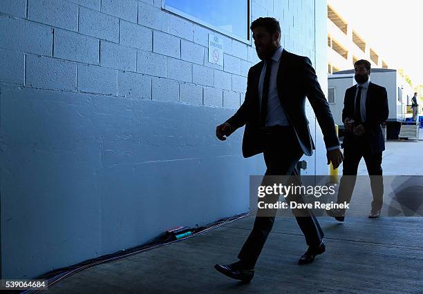 Nick Spaling and Patrick Marleau of the San Jose Sharks arrives at the arena for Game 5 of the 2016 NHL Stanley Cup Final against the Pittsburgh...