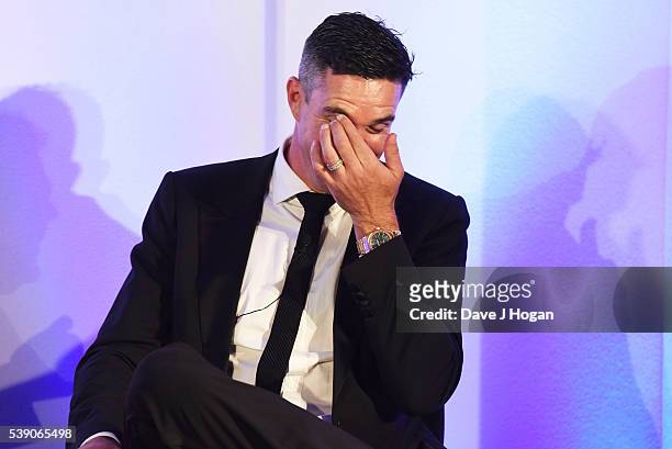 Kevin Pietersen interviewed by Piers Morgan during The KP24 Foundation Charity Gala Dinner at The Waldorf Hilton Hotel on June 9, 2016 in London,...