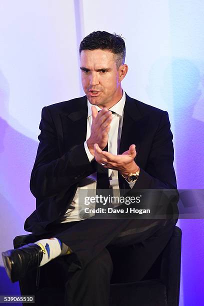 Kevin Pietersen interviewed by Piers Morgan during The KP24 Foundation Charity Gala Dinner at The Waldorf Hilton Hotel on June 9, 2016 in London,...