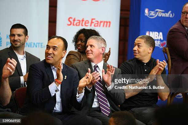 Deputy Commissioner and Chief Operating Officer Mark Tatum, Kerry Bubolz, and Head Coach Tyronn Lue of the Cleveland Cavaliers attends the 2016 NBA...