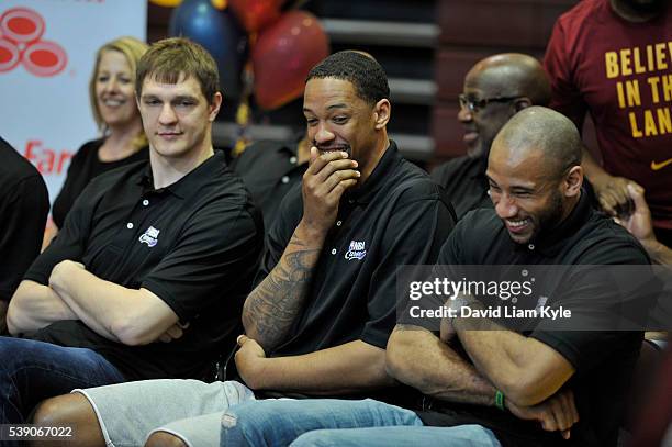 Timofey Mozgov of the Cleveland Cavaliers, Channing Frye of the Cleveland Cavaliers, and Dahntay Jones of the Cleveland Cavaliers attends the 2016...