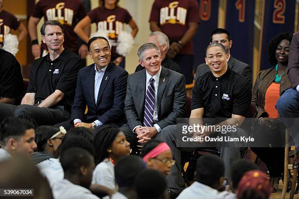 Deputy Commissioner and Chief Operating Officer Mark Tatum, Kerry Bubolz, and Head Coach Tyronn Lue of the Cleveland Cavaliers attends the 2016 NBA...
