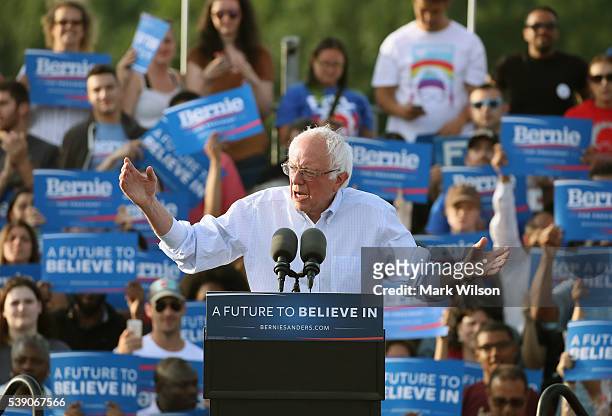 Democratic presidential candidate Sen. Bernie Sanders , speaks during a campaign rally at Robert F. Kennedy Memorial Stadium June 9, 2016 in...