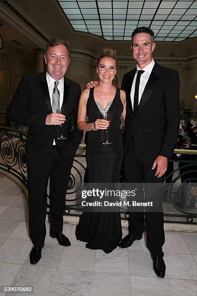 Piers Morgan, Jessica Taylor and Kevin Pietersen attend the KP24 Foundation Charity Gala Dinner at The Waldorf Hilton Hotel on June 9, 2016 in...