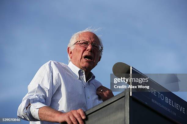 Democratic presidential candidate Sen. Bernie Sanders speaks during a rally near the Robert F. Kennedy Memorial Stadium June 9, 2016 in Washington,...