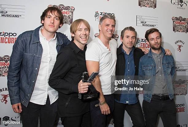 Geoff Rickly, Mike Lewis, Jamie Oliver and Luke Johnson win Kerrang! Best Album Award for 'Permanenence' at the Kerrang Awards at the Troxy on June...
