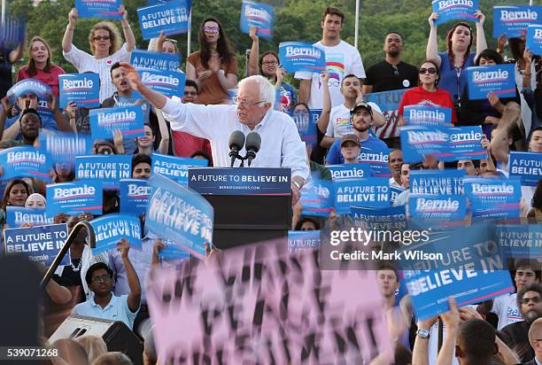 Democratic presidential candidate Sen. Bernie Sanders , speaks during a campaign rally at Robert F. Kennedy Memorial Stadium June 9, 2016 in...