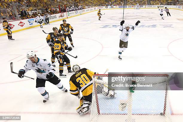 Logan Couture of the San Jose Sharks celebrates after scoring a goal against Matt Murray of the Pittsburgh Penguins during the first period in Game...