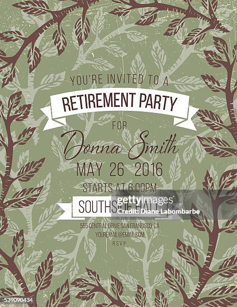 lincut block print branch frame invitation template - retirement invitation stock illustrations