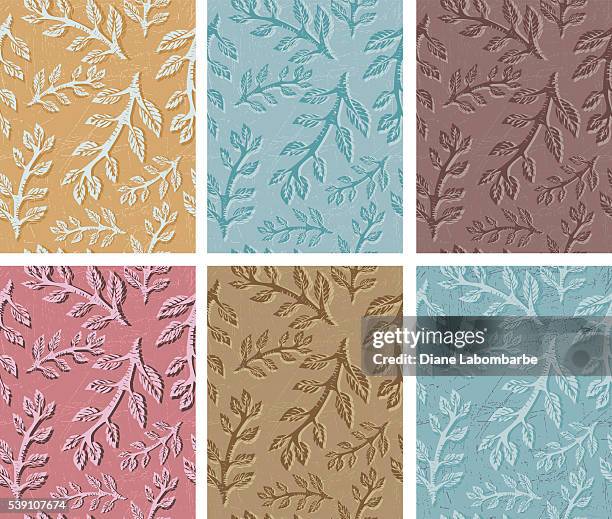 linolschnitt block-druck nahtlose muster-set filialen - linolschnitt stock-grafiken, -clipart, -cartoons und -symbole
