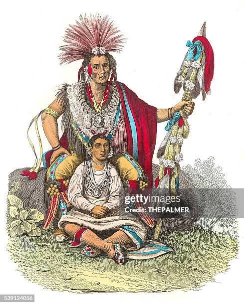 stockillustraties, clipart, cartoons en iconen met indian chief keokuk engraving 1853 - sauk river