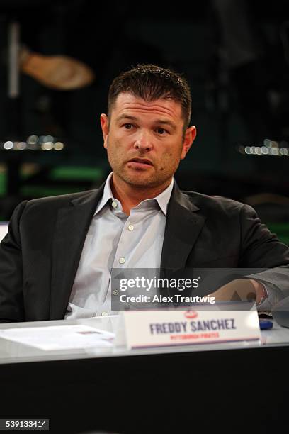 Pittsburgh Pirates representative Freddy Sanchez looks on during the 2016 Major League Baseball First-Year Player Draft at the MLB Network on...