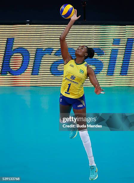 Fabiana Claudino of Brazil in action during the match against Italy on day 1 the FIVB Volleyball World Grand Prix at Carioca Arena 1 on June 9, 2016...