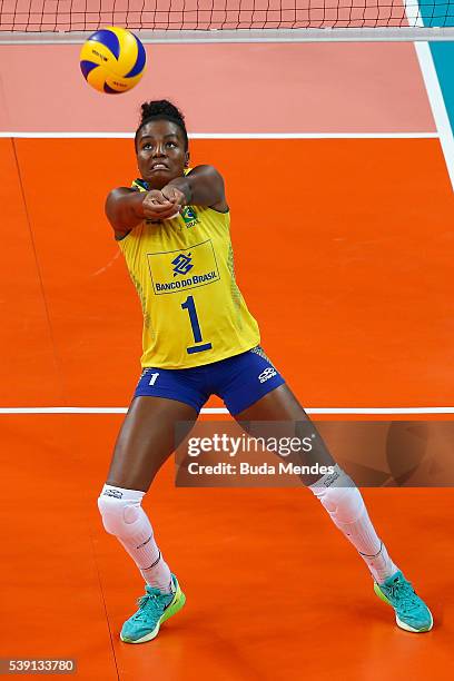 Fabiana Claudino of Brazil in action during the match against Italy on day 1 the FIVB Volleyball World Grand Prix at Carioca Arena 1 on June 9, 2016...