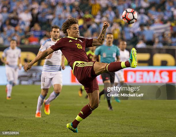 Rolf Feltscher of Venezuela kicks the ball against Uruguay during the 2016 Copa America Centenario Group C match at Lincoln Financial Field on June...