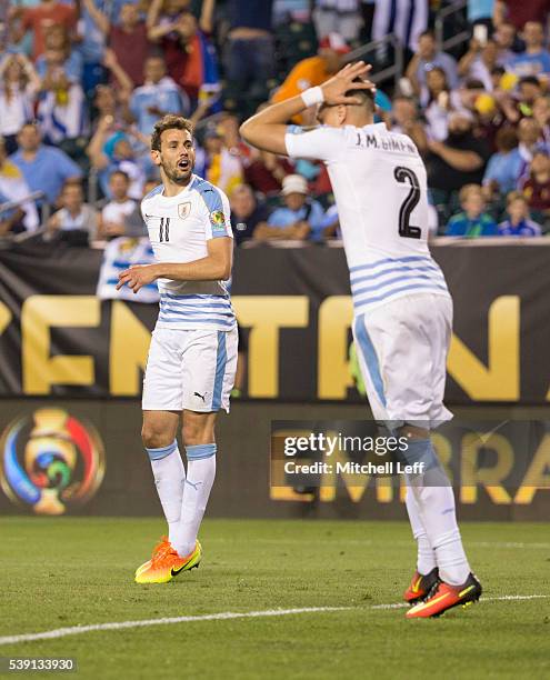 Christian Stuani and Jose Gimenez of Uruguay react in the match against the Venezuela during the 2016 Copa America Centenario Group C match at...