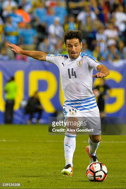 Nicolas Lodeiro of Uruguay kicks the ball during a group C match between Uruguay and Venezuela at Lincoln Financial Field as part of Copa America...