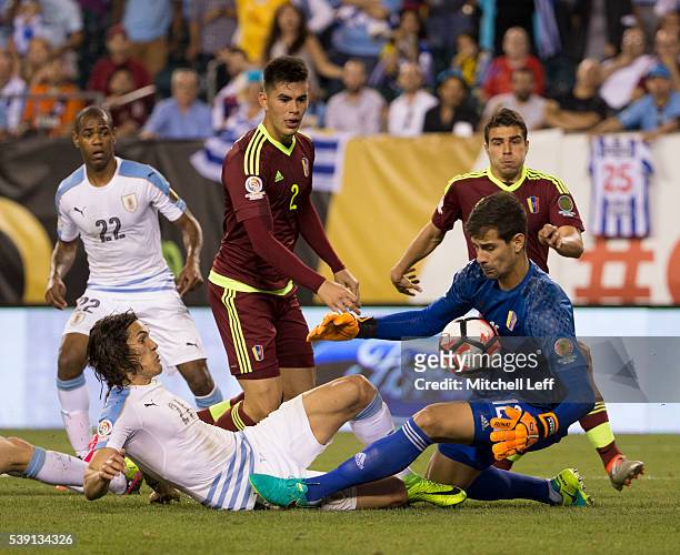 Dani Hernandez of Venezuela makes a save against Edinson Cavani of Uruguay during the 2016 Copa America Centenario Group C match at Lincoln Financial...