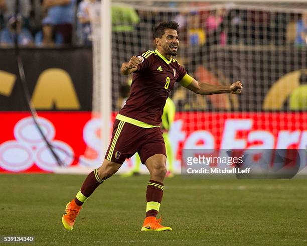 Tomas Rincon of Venezuela reacts after the match against Uruguay during the 2016 Copa America Centenario Group C match at Lincoln Financial Field on...
