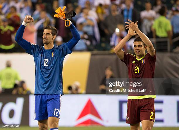 Dani Hernandez and Alexander Gonzalez of Venezuela celebrate after the match against Uruguay during the 2016 Copa America Centenario Group C match at...