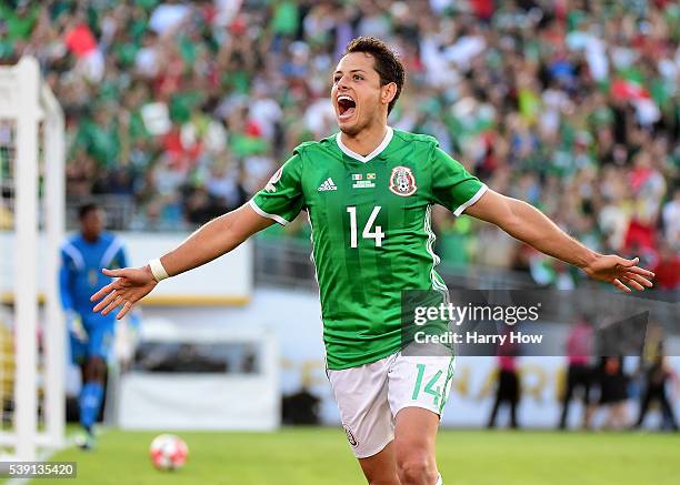 Chicharito of Mexico celebrates after his goal in front of Andre Blake of Jamaica to take a 1-0 lead during Copa America Centenario at the Rose Bowl...