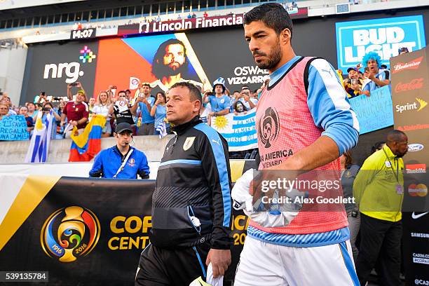 Luis Suarez of Uruguay enters the pitch before a group C match between Uruguay and Venezuela at Lincoln Financial Field as part of Copa America...