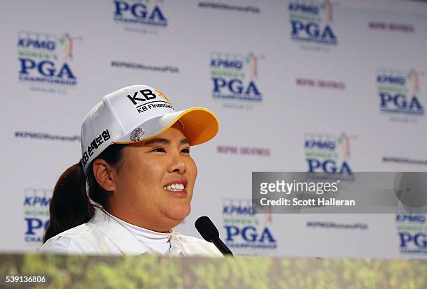 Inbee Park of South Korea speaks with the media after she gained entry in the LPGA Hall of Fame after finishing the first round of the KPMG Women's...