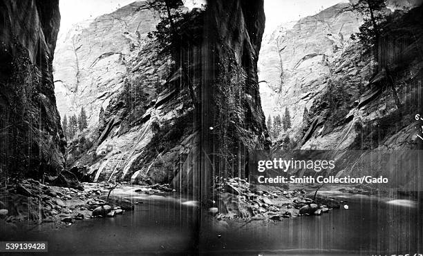 Stereograph of the East Fork of the Virgin River and the surrounding cliffs, Utah, 1875. Image courtesy USGS. .