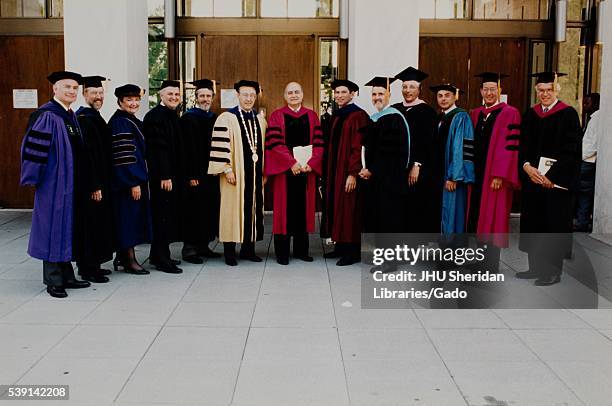 President Richardson’s final commencement in 1995 at Johns Hopkins University, from left to right: Dean Stanley Gabor , APL Director Gray Smith, Dean...