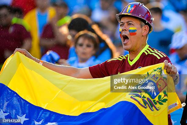 Fan of Venezuela cheers for his team before a group C match between Uruguay and Venezuela at Lincoln Financial Field as part of Copa America...