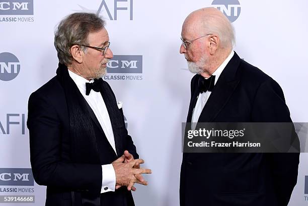 Director Steven Spielberg and John Williams pose during the mock presentation at American Film Institutes 44th Life Achievement Award Gala Tribute...