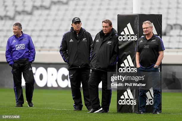 All Black coaching staff Wayne Smith, Gilbert Enoka, Steve Hansen and Grant Fox during the New Zealand All Blacks Captain's Run at Eden Park on June...