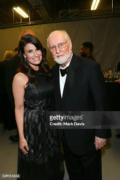 Singer Idina Menzel and honoree John Williams pose backstage during American Film Institutes 44th Life Achievement Award Gala Tribute to John...