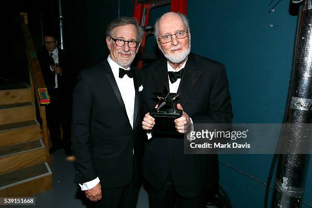 Director Steven Spielberg and honoree John Williams pose with the AFI Life Achievement Award backstage during American Film Institutes 44th Life...