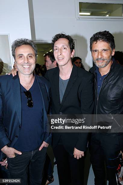 Actor Gilbert Melki, Model of the Exhibition, director Stephane Foenkinos and actor Pascal Elbe attend the "55 Politiques", Exhibition of Stephanie...