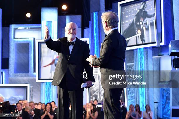 Life Achievement Award recepient John Williams and director Steven Spielberg onstage during American Film Institutes 44th Life Achievement Award...