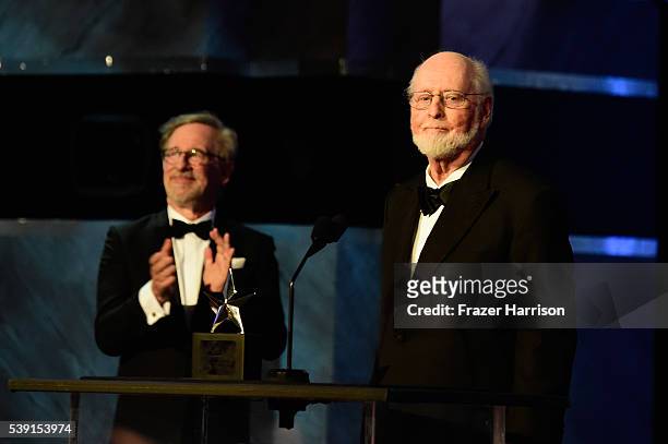 Director Steven Spielberg and Honoree John Williams onstage during American Film Institutes 44th Life Achievement Award Gala Tribute show to John...