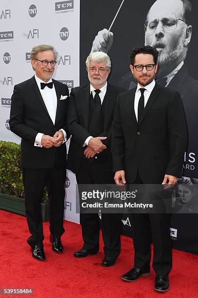 Director Steven Spielberg, filmmaker George Lucas and filmmaker J.J. Abrams arrive at the American Film Institutes 44th Life Achievement Award Gala...