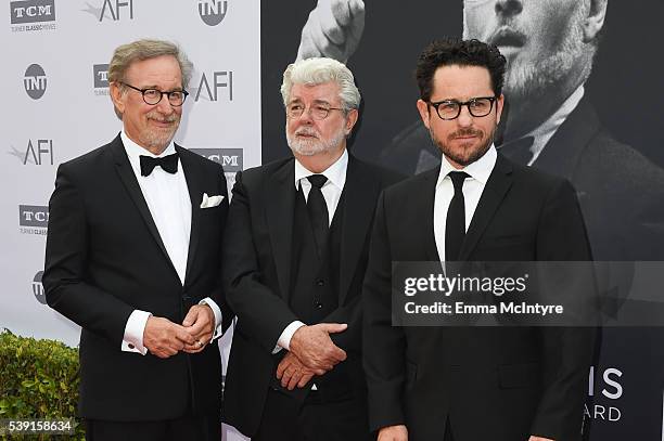 Director Steven Spielberg, filmmaker George Lucas and filmmaker J.J. Abrams arrive at the American Film Institutes 44th Life Achievement Award Gala...