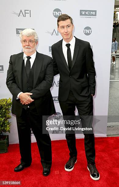 Filmmaker George Lucas and Jett Lucas attend American Film Institute's 44th Life Achievement Award Gala Tribute to John Williams at Dolby Theatre on...